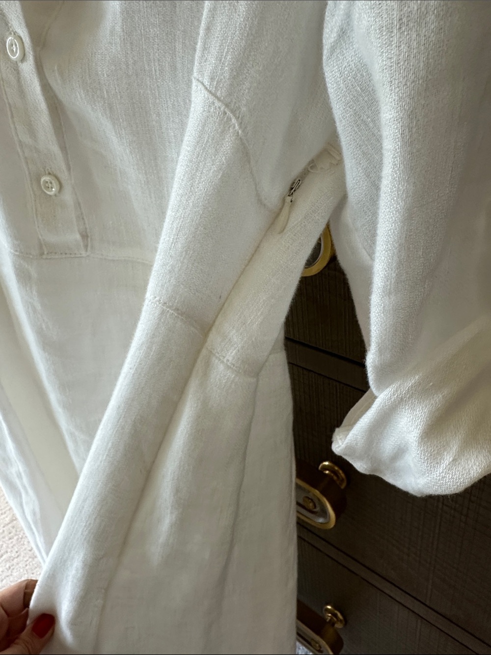 White Linen Mini Shirt Dress with Button Placket - Picture 5 of 7